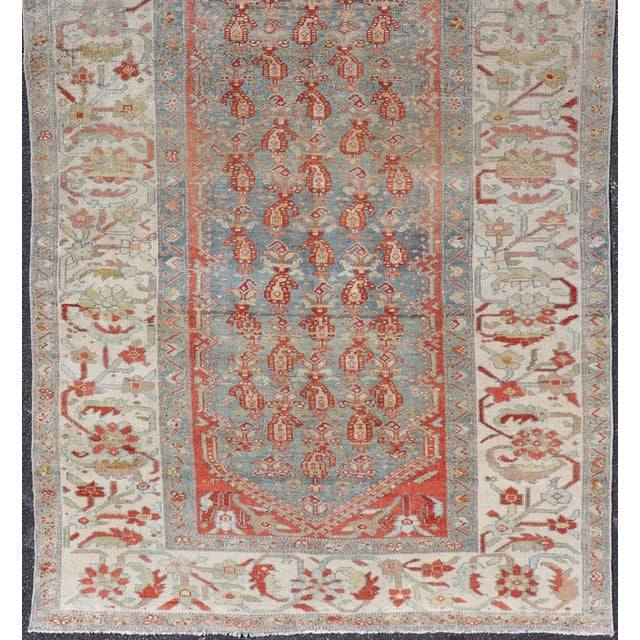 Tribal Antique Persian Malayer Gallery Rug With Blue Field and Red Boteh Design For Sale - Image 3 of 15