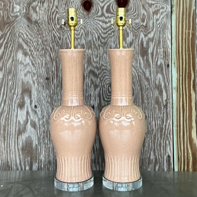Mid 20th Century Vintage Mid-Century Modern Glazed Ceramic Lamps - a Pair For Sale - Image 5 of 9