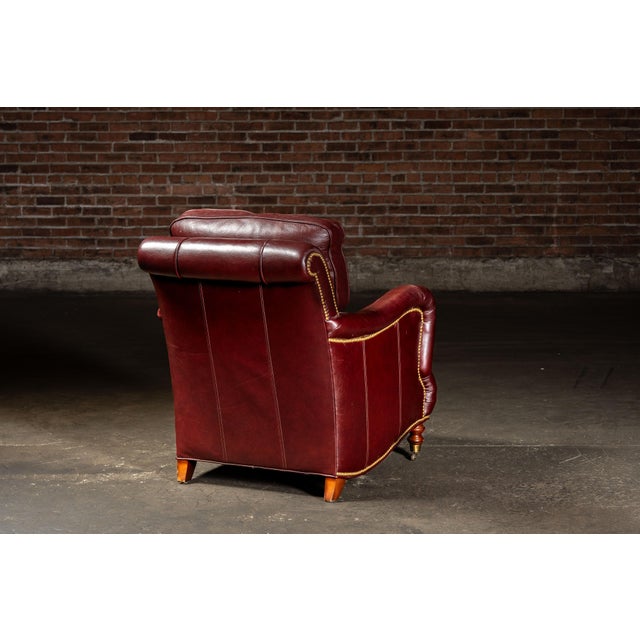 Late 20th Century Pair of Plush Leather Armchairs With Ottoman in Burgundy For Sale - Image 9 of 18