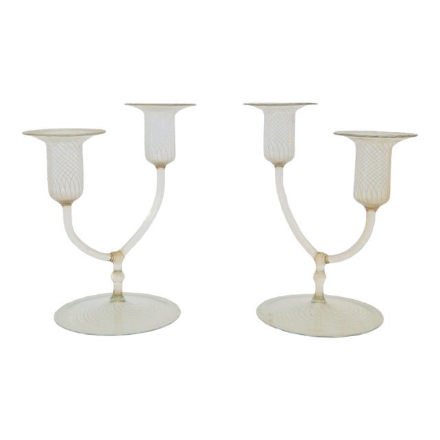 Dual Stem Etched Glass Candlesticks For Sale