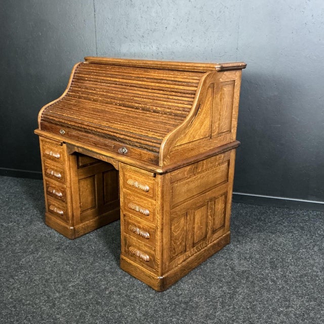 Brown Antique Oak Roll Top Desk, 1905 For Sale - Image 8 of 8