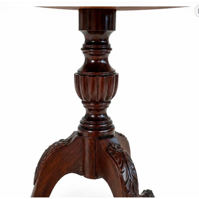 Vintage Mid Century Three-Tier Oak Dumbwaiter Pie Table With Deep Scalloped Shelves & Brass Paw Feet For Sale - Image 12 of 12