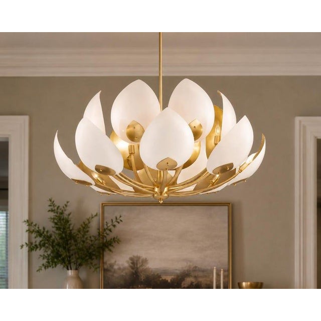 Luxury Lotus Petal Brass Chandelier | Modern White Floral Ceiling Light | Mid Century Statement Pendant | Elegant Dining Room Fixture For Sale - Image 4 of 8