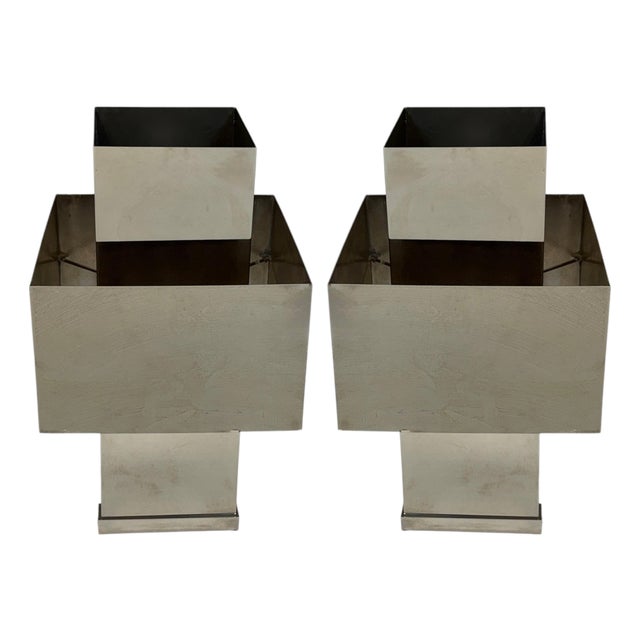 Mid 20th Century Polished Chrome Cubist Table Lamps, After Willy Rizzo - a Pair For Sale