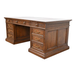 Sligh Furniture Regency Carved Oak Leather Top Executive Desk, Circa 1960s For Sale