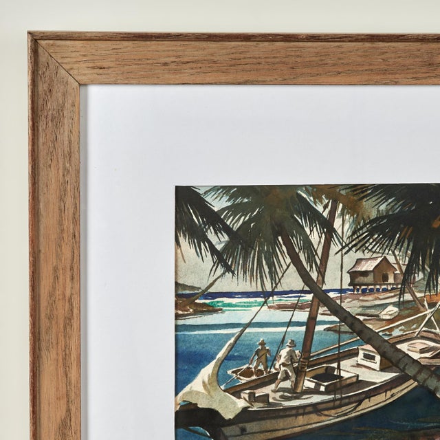 Mid-Century Modern Vintage Tropical Watercolor With Boat For Sale - Image 3 of 8