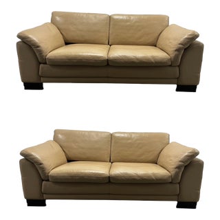 Pair of Roche Bobois Cream Leather Loveseats For Sale