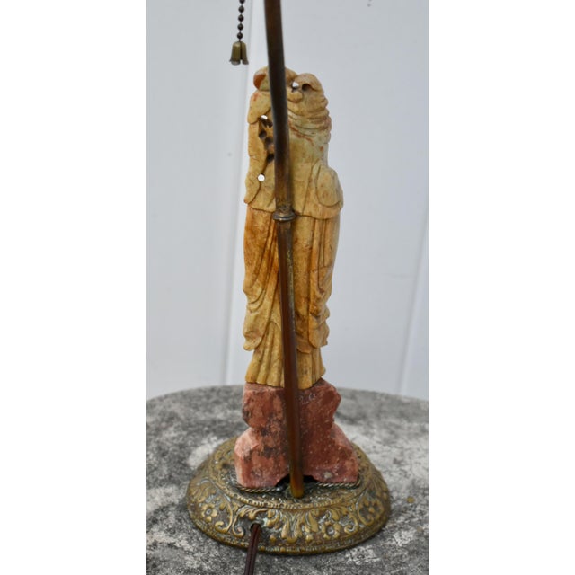 Stone Antique Carved Soapstone Lamp of the Goddess Guanyin on Ornate Brass Base For Sale - Image 7 of 12