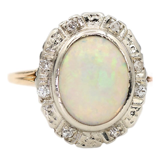 13k White and Yellow Gold Vintage Natural Diamond and Natural Opal Ring For Sale