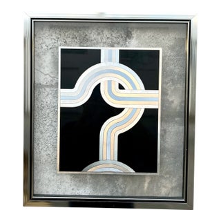 Vintage 1970s Op-Art Geometric Black and Silver Foil Framed Print. For Sale