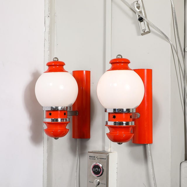 Mid-Century Chrome & Glass Vermillion Enamel Portico Sconces W/ Star Cutouts For Sale - Image 10 of 14
