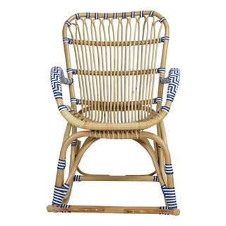 Matthew Izzo Home Cannes Tan, Blue, and White Rattan Rocking Chair For Sale