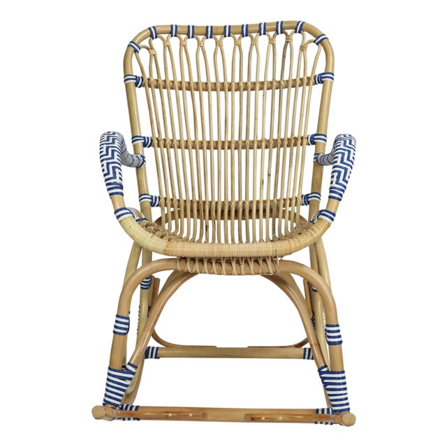 Matthew Izzo Home Cannes Tan, Blue, and White Rattan Rocking Chair For Sale