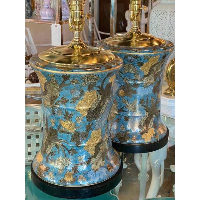 Vintage Large Floral Porcelain Chinoiserie Blue Drum Table Lamps New Wiring -A Pair For Sale - Image 9 of 13