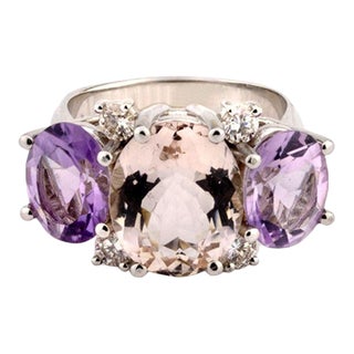Medium 18kt White Gold Gum Drop Ring with Morganite and Amethyst For Sale
