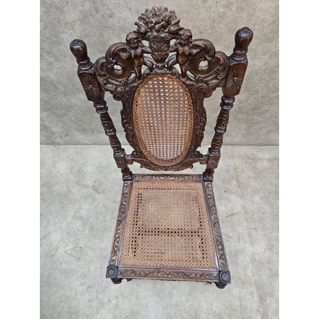 Antique Jacobean Renaissance Revival Carved Oak Cane Throne Chairs - Pair For Sale - Image 9 of 12