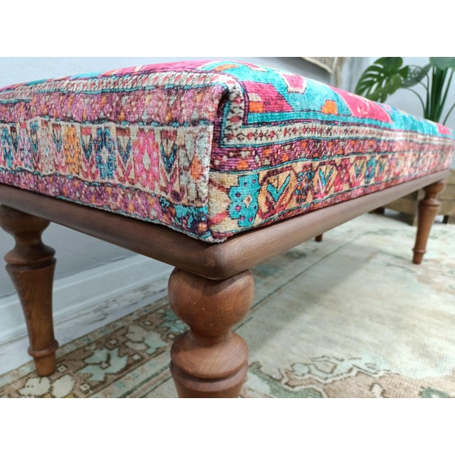 Bohemian Rug Print Fabric Upholstered Handmade Walnut Bench For Sale In Raleigh - Image 6 of 13