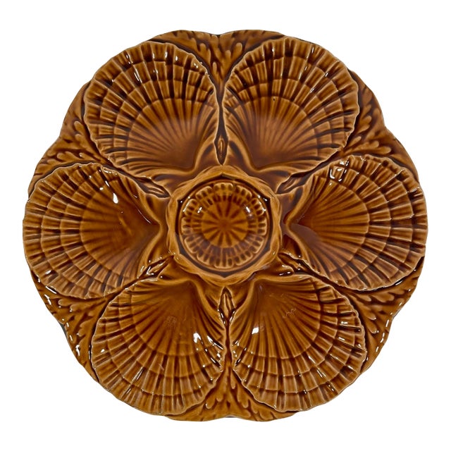 1920s French Sarreguemines Gold Majolica Oyster Plate For Sale