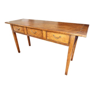 Vintage Three Drawer Walnut Planked-Top Sofa Console Table For Sale