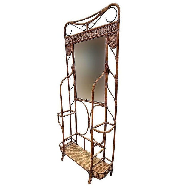 Restored Early 20th Century Aesthetic Movement Bamboo& Grassmat Hall Tree W Mirror & Umbrella Stand For Sale - Image 4 of 8