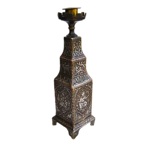 Antique Lamp Candlestick Safavid Mughal Engraved Silver Copper Inlaid