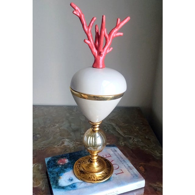 One-of-a-Kind Red Coral, Murano Glass, Gold-Plated Metal Tall Decorative Box France For Sale - Image 12 of 14