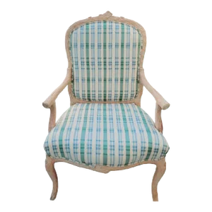 Vintage Large Faux Bois Modern Plaid Green Blue Side Accent Chair