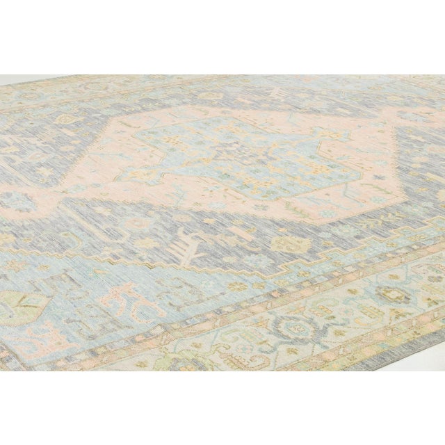 Modern Handmade Oushak Style Wool Rug in Peach and Blue With Medallion Design For Sale - Image 4 of 9
