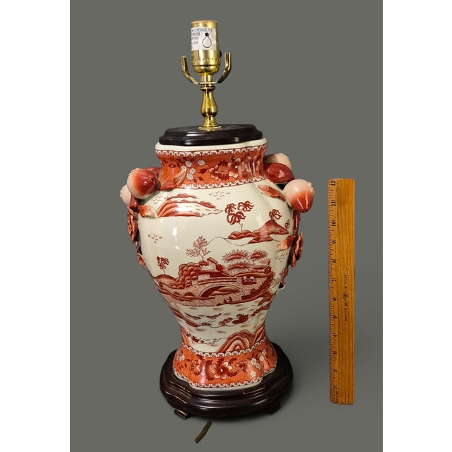 Vintage Japanese Kutani Red Landscapes Pomegranate Floral Handles Table Lamp For Sale - Image 10 of 14