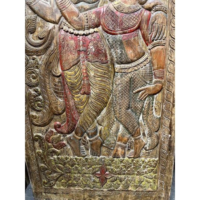 Vintage Radha Krishna Carved Wall Panel – Colorful Indian Art Barn Door Décor 96x40 For Sale - Image 9 of 10
