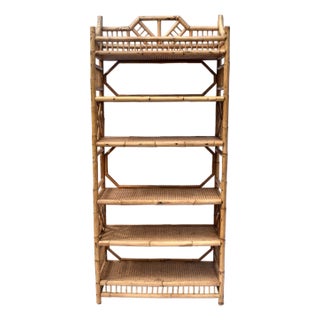 1970's Brighton Pavilion Chinese Chippendale Bamboo Caned Bookcase Etagere For Sale