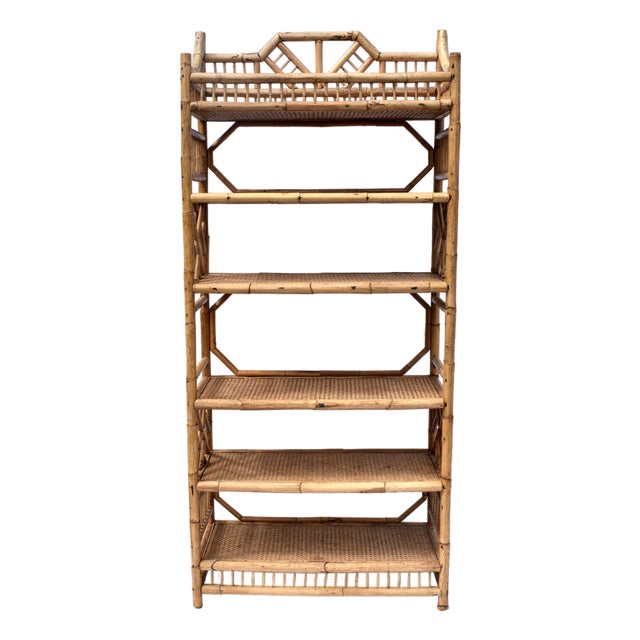 1970's Brighton Pavilion Chinese Chippendale Bamboo Caned Bookcase Etagere For Sale
