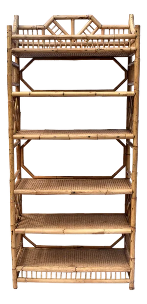 1970's Brighton Pavilion Chinese Chippendale Bamboo Caned Bookcase Etagere