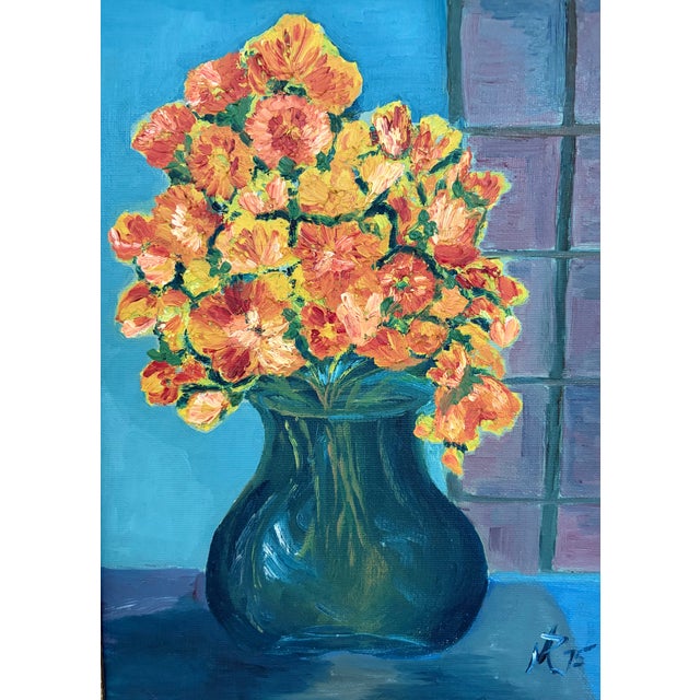 Traditional Floral Still Life Original Oil Painting in Silvered Aqua Frame For Sale - Image 3 of 7
