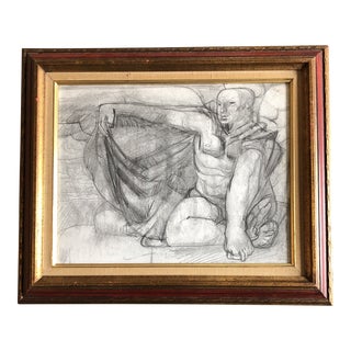 1950’s Art Deco Original Male Nude Charcoal Study Drawing Vintage Frame For Sale