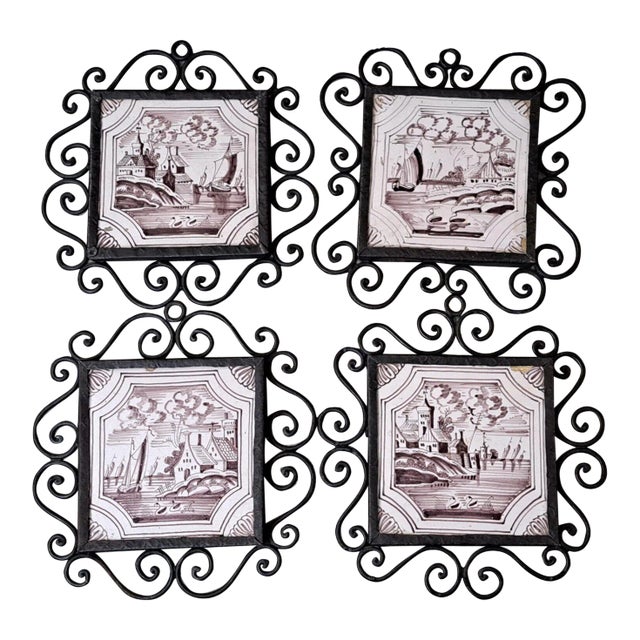 Mid 19th Century Dutch Manganese Delft Decorative Framed Tiles Nautical Scenes- Set of 4 For Sale