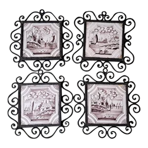 Mid 19th Century Dutch Manganese Delft Decorative Framed Tiles Nautical Scenes- Set of 4
