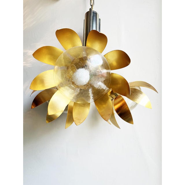 Metal Vintage Floral Top Light Pendant Lamp in Brass and Chrome Steel, 1970s For Sale - Image 7 of 10