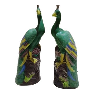 Pair of Sancai Glazed Porcelain Peacocks – 10.2" Vintage Bird Figures For Sale