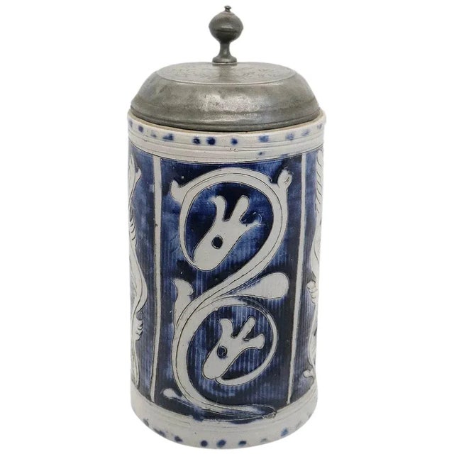 German Westerwald Walzenkrug Stoneware Pewter Mounted Tankard For Sale - Image 10 of 10