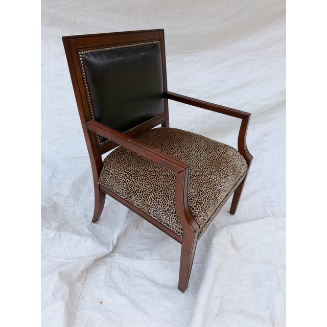 Contemporary 90's Timeless Leopard Print Black Faux Leather Back Mahogany Arm Chair For Sale - Image 3 of 5