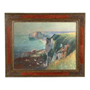 Antique French School Oil Painting Canvas Cliffs at Etretat Normandy France by Raimond Louis Lecourt 1910, Framed