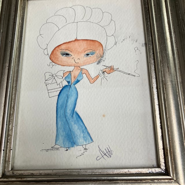 Contemporary 1980’s Original Smoking Female Illustration for Notecard by Helen Williams Tabletop Frame For Sale - Image 3 of 4
