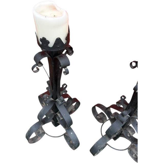 Gothic Antique 40" Hand-Forged Iron Candle Stands – Pair For Sale - Image 3 of 7