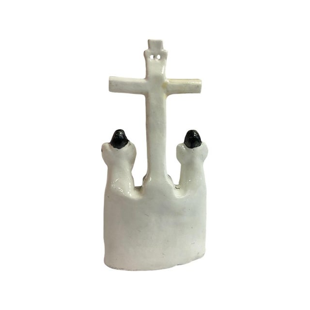 Late 19th Century White Holy Water Font, Featuring Jesus on the Cross with White, Gold and Black Angel on Either Side....