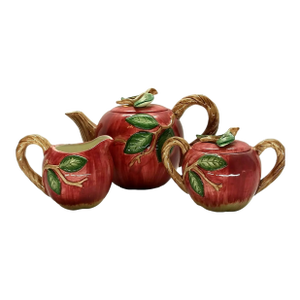 Vintage Fitz & Floyd Porcelain Red Apple Hand Painted Teapot Cream & Sugar Set- 3 Pieces