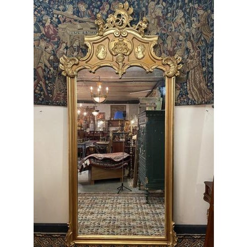 Glass Grand French Style Gilt Mirror with Cherub and Plaques For Sale - Image 7 of 7