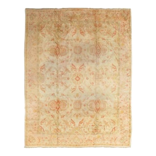 Antique Oushak Carpet, Oriental Rug, Handmade Ivory, Muted Shrimp, Soft Coral For Sale