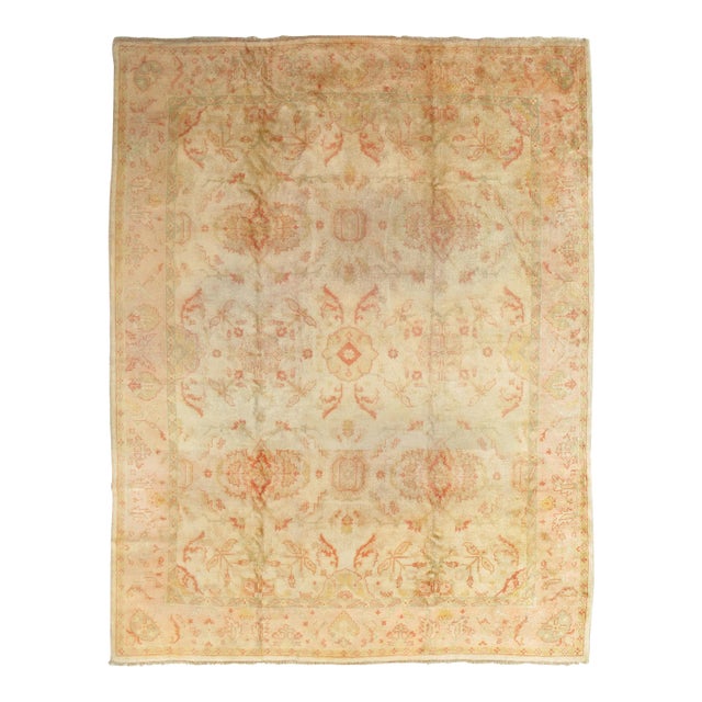 Antique Oushak Carpet, Oriental Rug, Handmade Ivory, Muted Shrimp, Soft Coral For Sale
