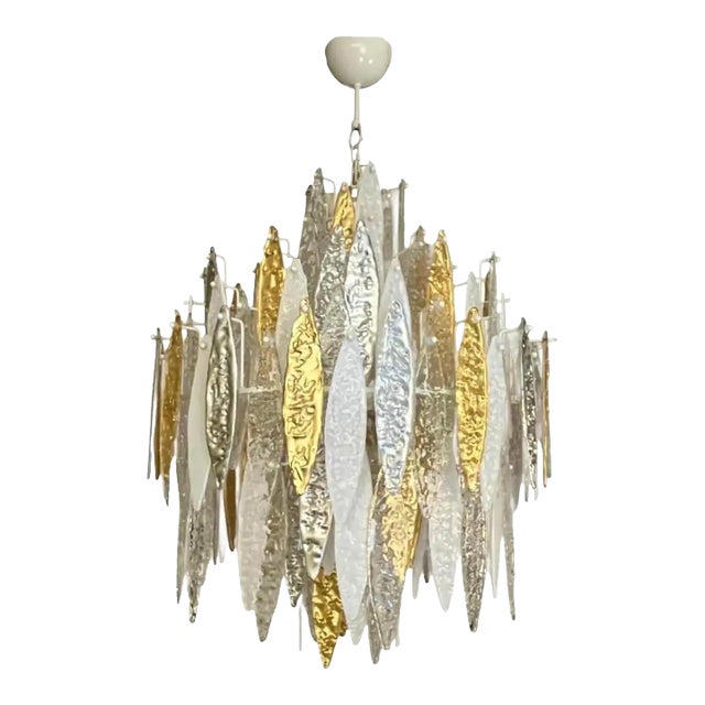 Modern Italian Silver Gold Frosted White Crystal Murano Glass Icicle Chandelier For Sale